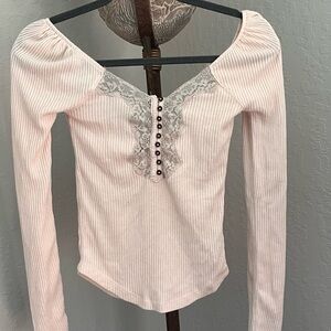 Free People Pink Fitted Ribbed Blouse